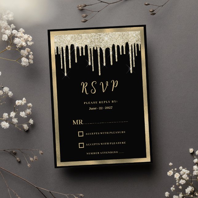 Invitation Elégante parties scintillant en or noir gouttes RS (Elegant black gold glitter drips RSVP )