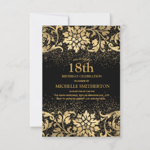 Invitation Elégante Parties scintillant Florale d'or noir 18e
