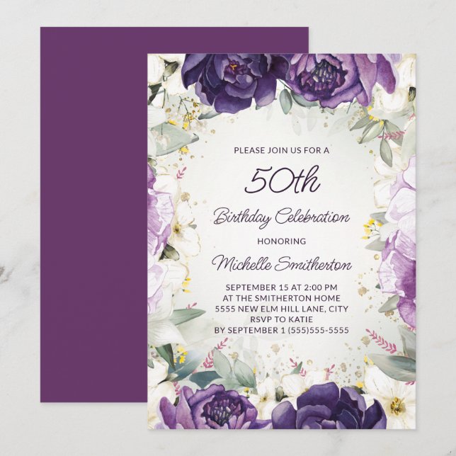 Invitation Élégante Parties scintillant florale violet blanc  (Devant / Derrière)