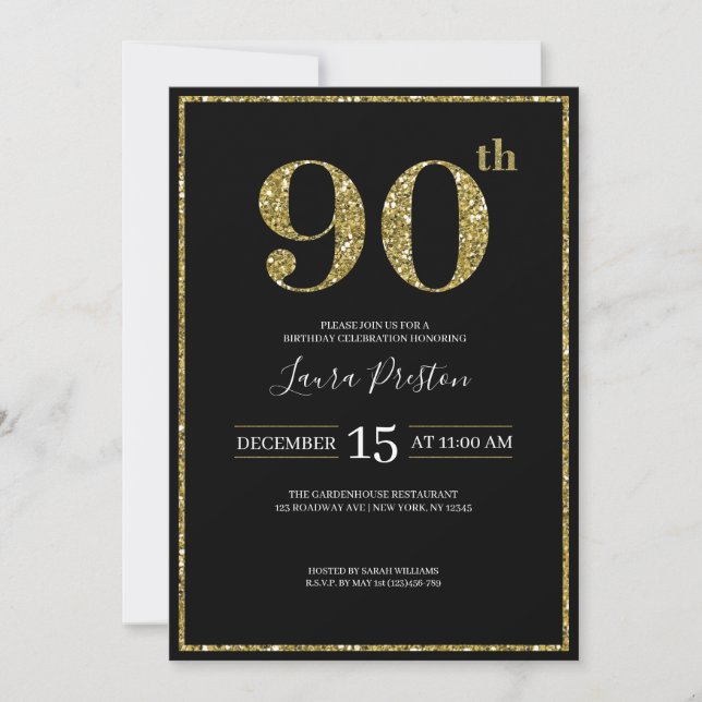 Invitation Élégante Parties scintillant Gold 90e anniversaire (Devant)