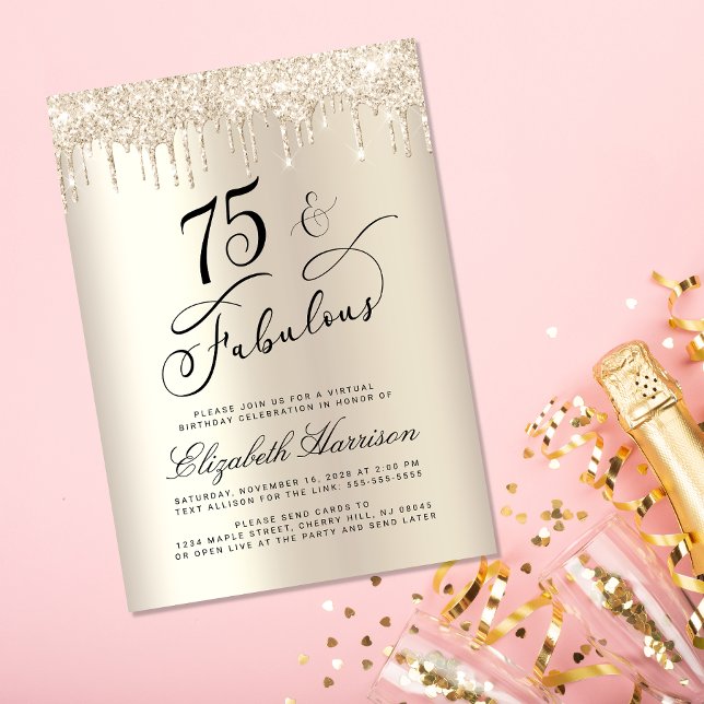 Invitation Elégante Parties scintillant Gold Virtual 75th Bir (Celebrate her 75 years of sparkle with an elegant gold glitter birthday party invitation  🎉 🎂 🥂)