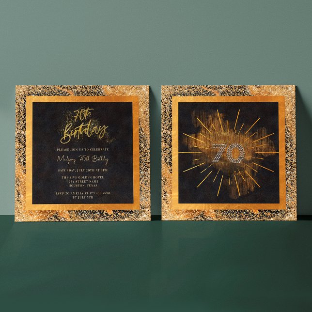 Invitation Elégante Parties scintillant Noir et Or 70e annive (Front / Back)