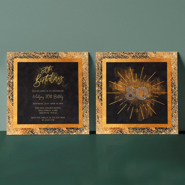 Invitation Elégante Parties scintillant Noir et Or 80e annive (Front / Back)