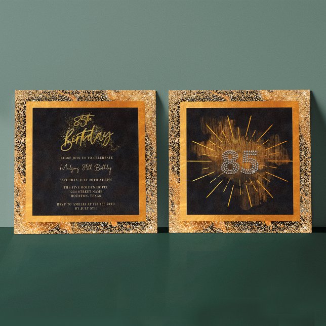 Invitation Elégante Parties scintillant Noir et Or 85ème anni (Front / Back)