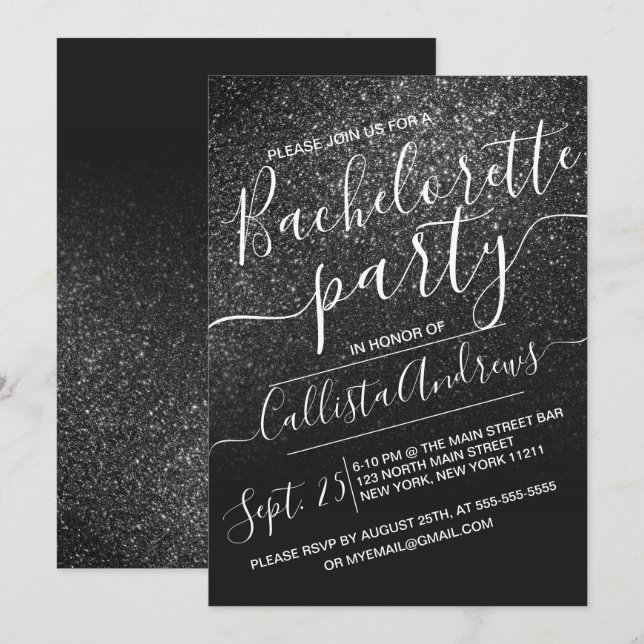 Invitation Elégante Parties scintillant noire brillante Ombre (Devant / Derrière)