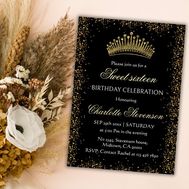 Invitation Elégante Parties scintillant noire Gold Couronne S (Créateur téléchargé)