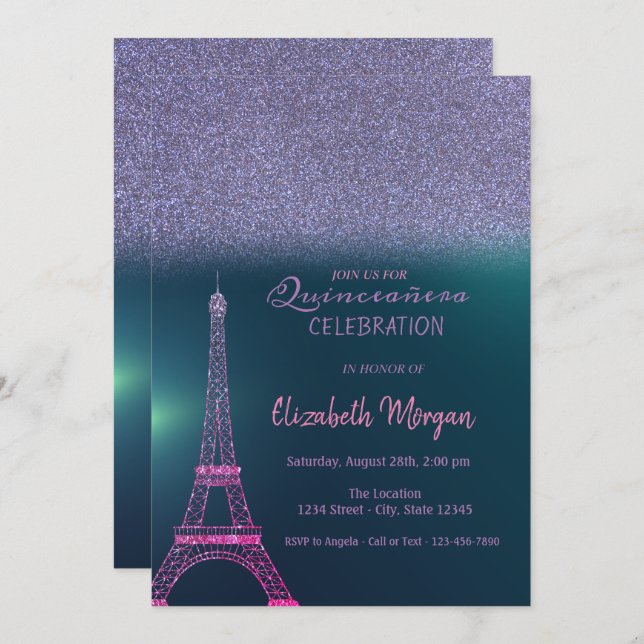Invitation Elégante Parties scintillant Ombre, Tour Eiffel Qu (Devant / Derrière)