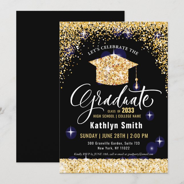 Invitation Élégante Parties scintillant Or Graduation Sparkly (Devant / Derrière)
