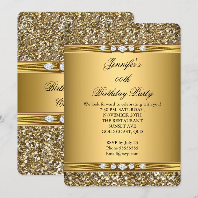 Invitation Elégante Parties scintillant or Look Diamond Anniv (Devant / Derrière)