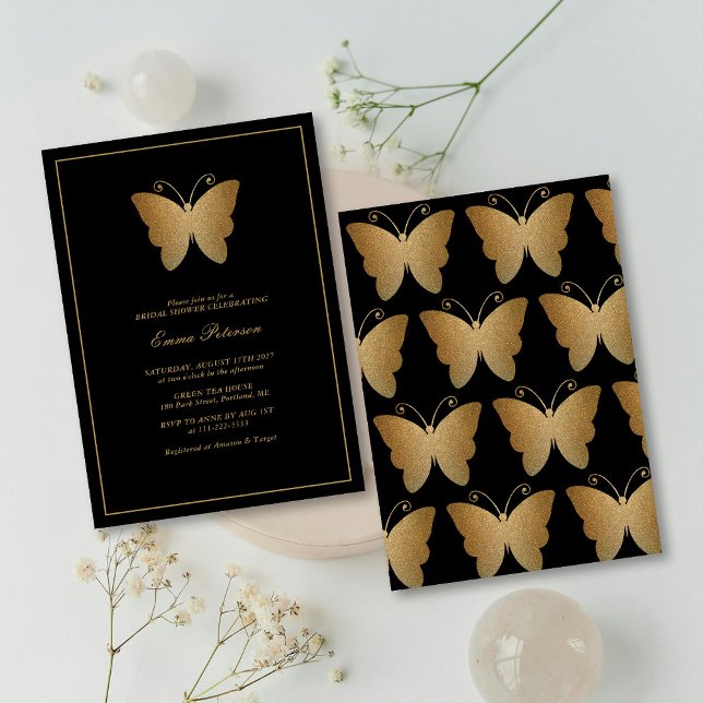 Invitation Elégante Parties scintillant or  papillon Fête des (Elegant Gold Glitter Butterfly Bridal Shower Invitation )