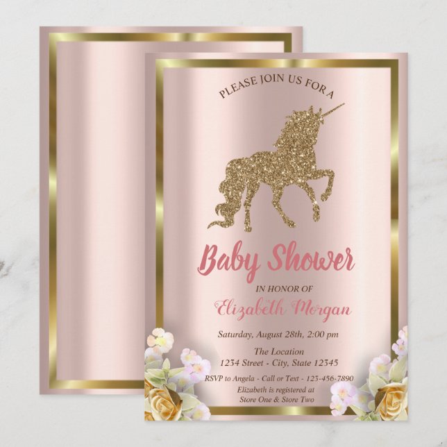 Invitation Elégante Parties scintillant Or Unicorn Baby showe (Devant / Derrière)