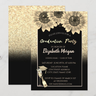 Invitation Elégante Parties scintillant Or, Vin, Verre, Fleur