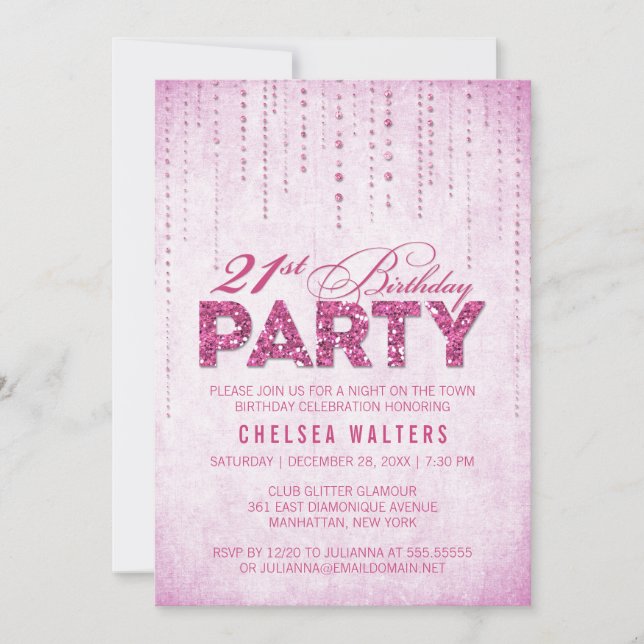 Invitation Élégante Parties scintillant rose chaud 21e fête d (Devant)