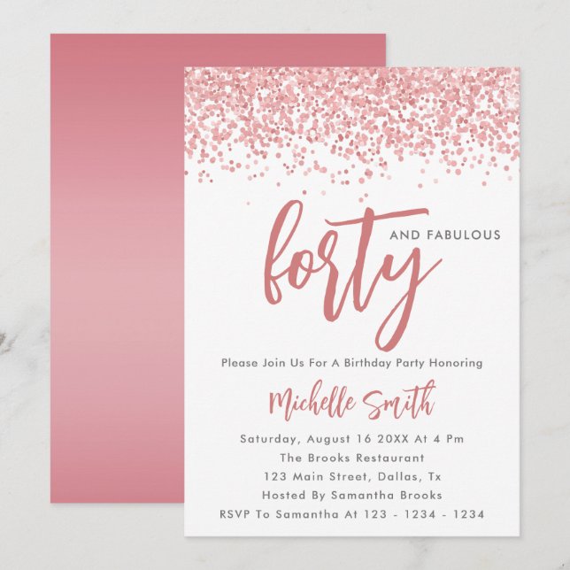 Invitation Elégante Parties scintillant Rose Or 40 Et Fabuleu (Devant / Derrière)