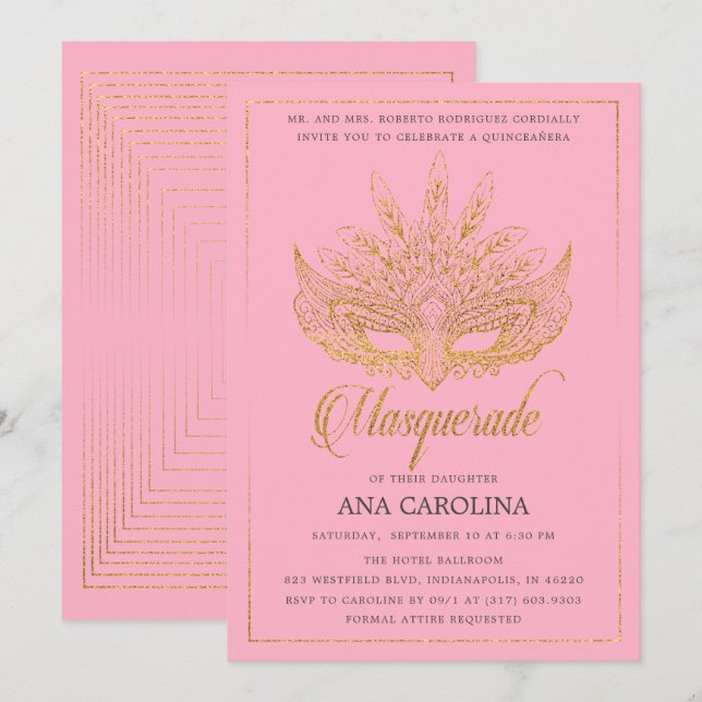 Invitation Elégante Parties scintillant rose or Masquerade Qu (Devant / Derrière)