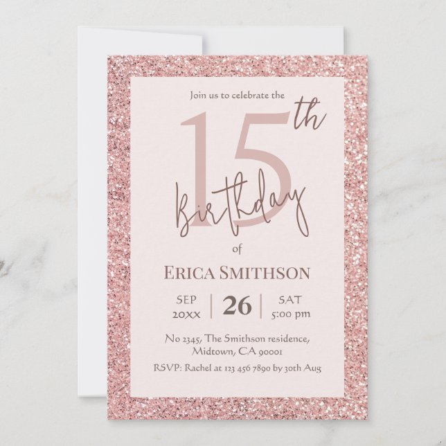 Invitation Elégante Parties scintillant Rose or moderne 15e a (Devant)