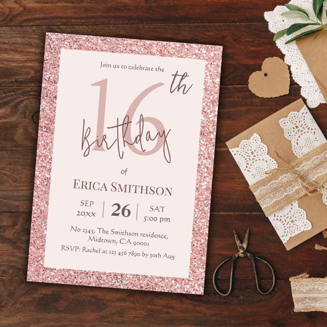 Invitation Elégante Parties scintillant Rose or moderne 16e a (Créateur téléchargé)