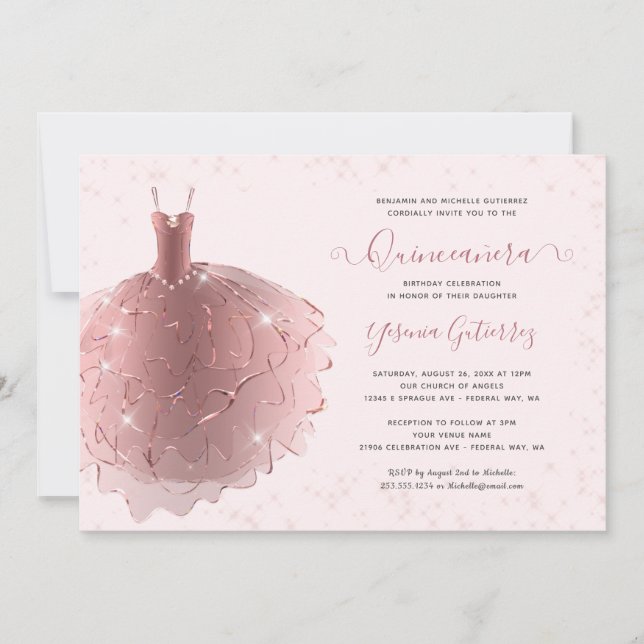 Invitation Elégante Parties scintillant Rose or Quinceañera R (Devant)