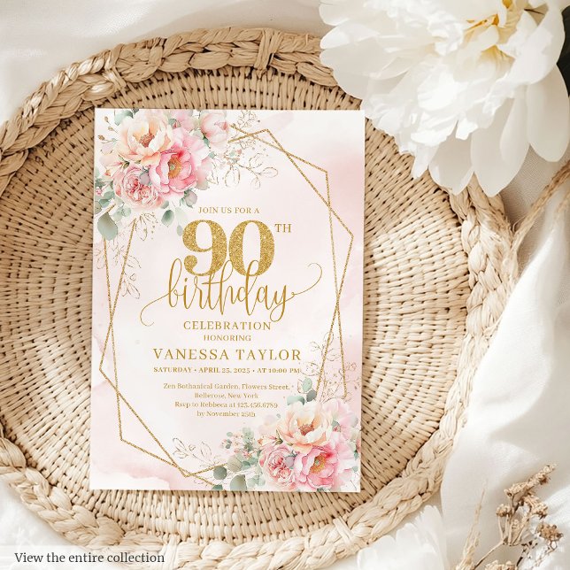 Invitation Élégante Parties scintillant rose rose pâle 90e (Elegant Blush Pink Gold Glitter Flowers 90th Invite)