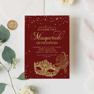 Invitation Elégante Parties scintillant rouge or Masquerade Q