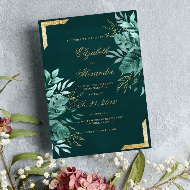 Invitation Elégante parties scintillant tropicale mariage à f (Elegant tropical green gold glitter floral wedding)