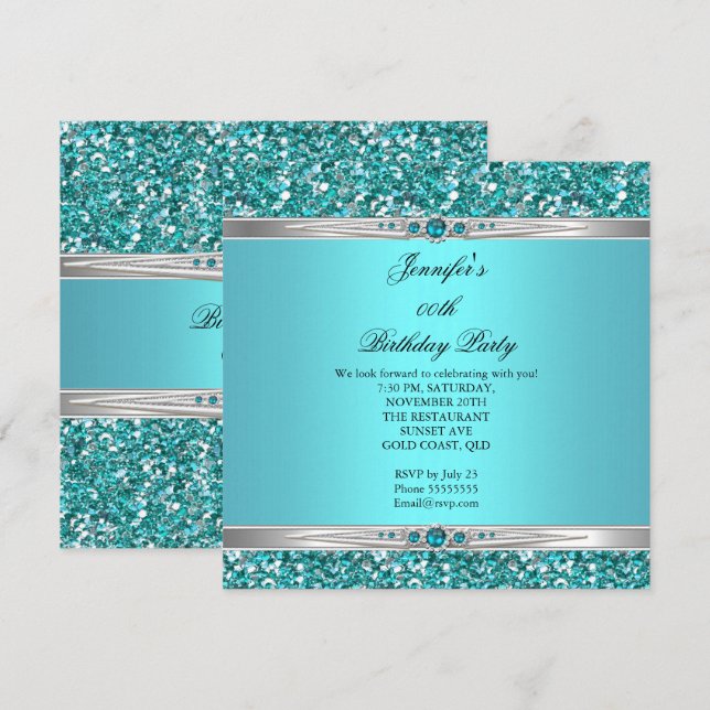 Invitation Elégante Parties scintillant Turquoise Argent Diam (Devant / Derrière)
