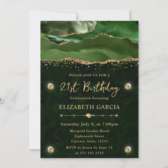 Invitation Élégante Parties scintillant verte et or Agate 21e (Devant)