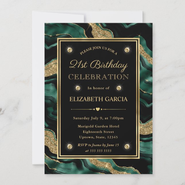 Invitation Élégante Parties scintillant verte et or Agate 21e (Devant)