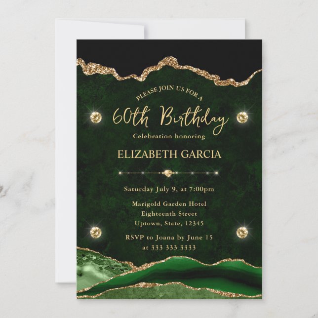 Invitation Elégante Parties scintillant verte et or Agate 60e (Devant)