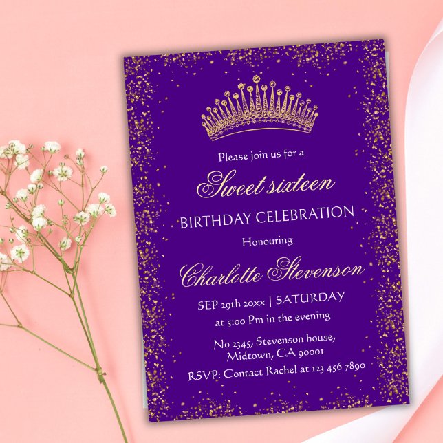 Invitation Elégante Parties scintillant violet Or Couronne Sw (Créateur téléchargé)