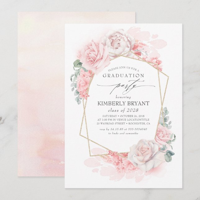 Invitation Élégante Pastel Pink Floral Graduation Party (Devant / Derrière)