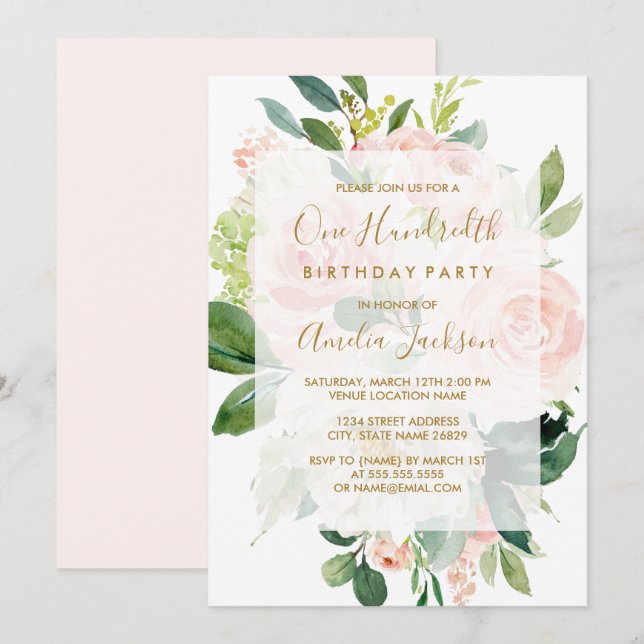 Invitation Élégante Peach Bloom 100e anniversaire (Devant / Derrière)