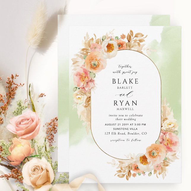 Invitation Elégante Peach Blush Cream et Green Oval Mariage (Créateur téléchargé)