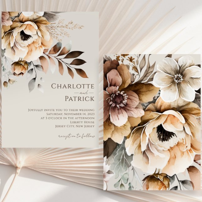 Invitation Elégante Peach Grey Aquarelle Brown Florale Mariag (Créateur téléchargé)
