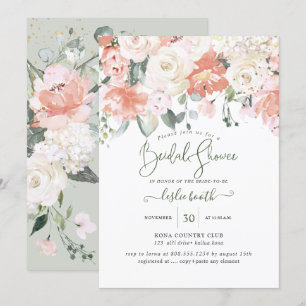 Invitation Elégante Peach Peonies Crème Roses Fête des mariée