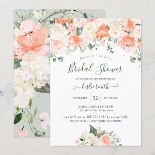 Invitation Elégante Peach Peonies Crème Roses Fête des mariée