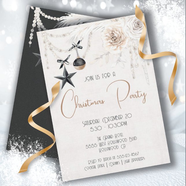 Invitation Elégante Pearl Floral Black & White Christmas Part (Créateur téléchargé)