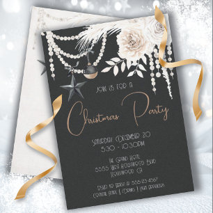 Invitation Elégante Pearl Floral Black & White Christmas Part