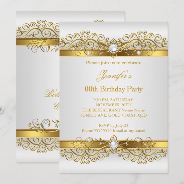 Invitation Elégante Pearl Gold White Silver fête d'anniversai (Devant / Derrière)
