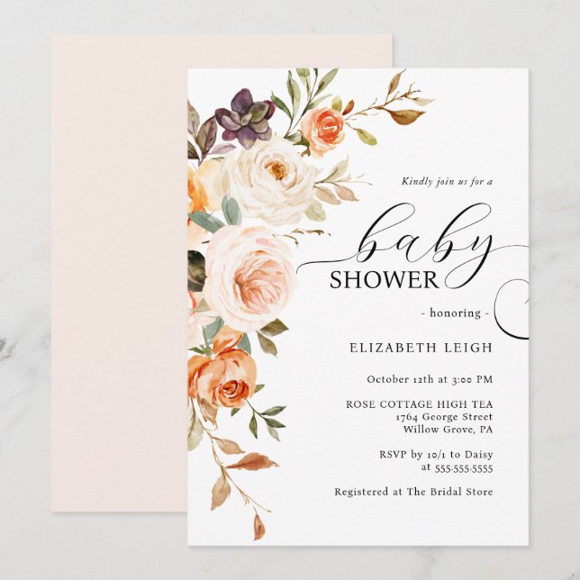 Invitation Elégante Pêche à Brosse Florale Baby shower Invita (Devant / Derrière)
