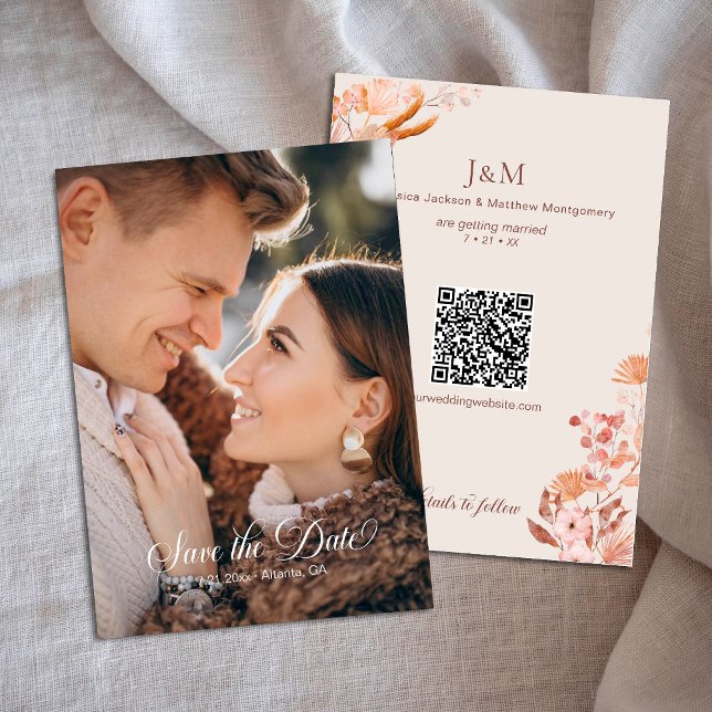 Invitation Élégante Pêche Boho Style Floral Enregistrer la da (Créateur téléchargé)