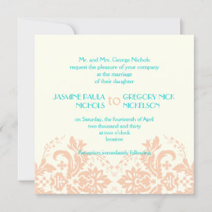 Invitation Elégante pêche damasée, aqua, mariage d'ivoire