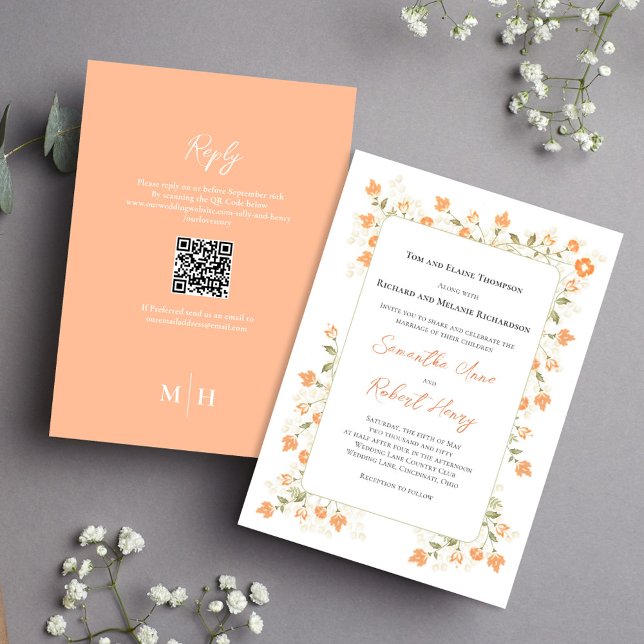 Invitation Elégante Pêche de Mariage Pêche Florale Verdure RS (Elegant peach floral wedding invitation with RSVP and QR code on the backside. )