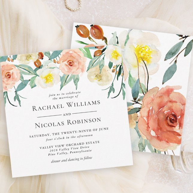 Invitation Elégante Pêche et blanc Aquarelle Mariage Floral (Créateur téléchargé)