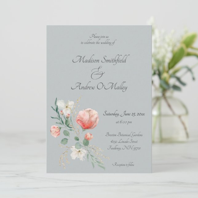 Invitation Elégante Pêche et vert Aquarelle Mariage Floral (Debout devant)