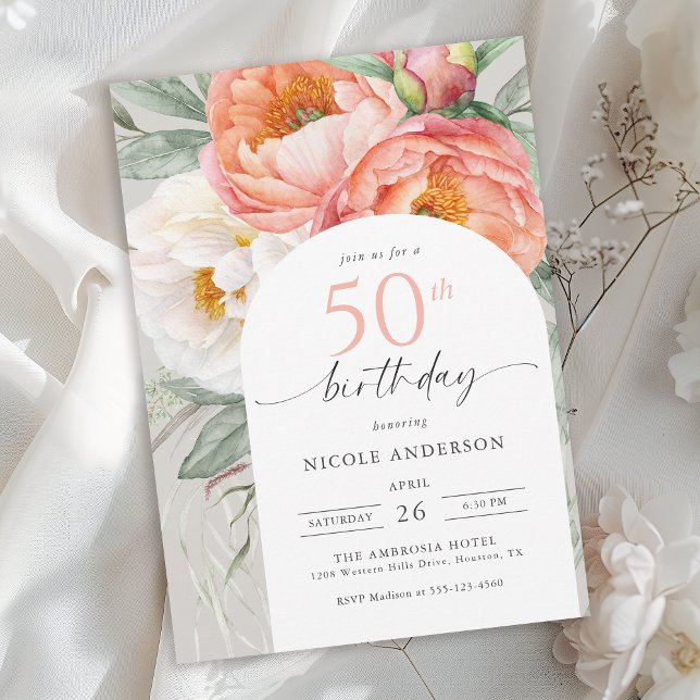 Invitation Élégante Pêche Florale Feminine 50e anniversaire (Available in both printed and instant download digital format.)