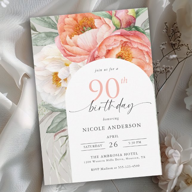 Invitation Elégante Pêche Florale Feminine 90e anniversaire (Available in both printed and instant download digital formats.)