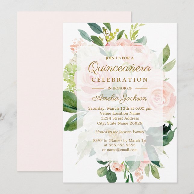 Invitation Elégante Pêche molle Fleur de Quinceanera Annivers (Devant / Derrière)