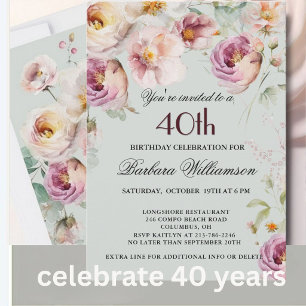 Invitation élégante peinte florale pour les 40 ans