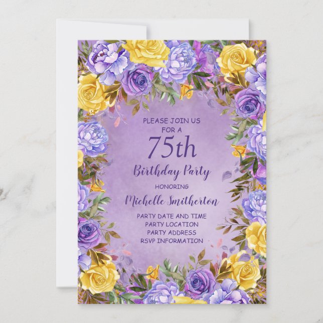 Invitation Élégante Peonies de Roses Jaunes Violet 75e annive (Devant)